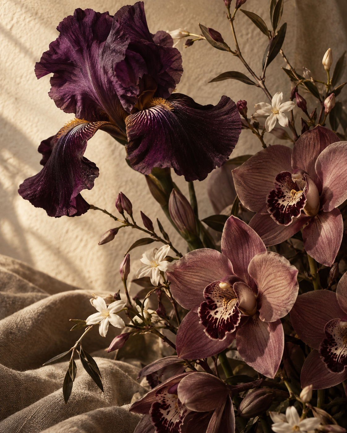 Plum iris, muted orchids, and white jasmine in warm autumn light