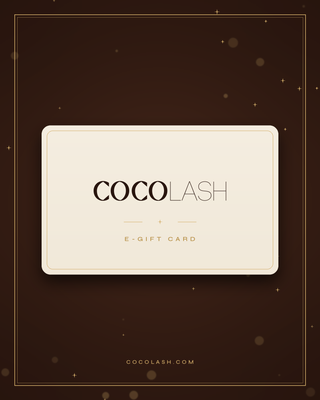 CocoLash e-gift card: cream card with the CocoLash logo on a rich cocoa-brown background with gold accents