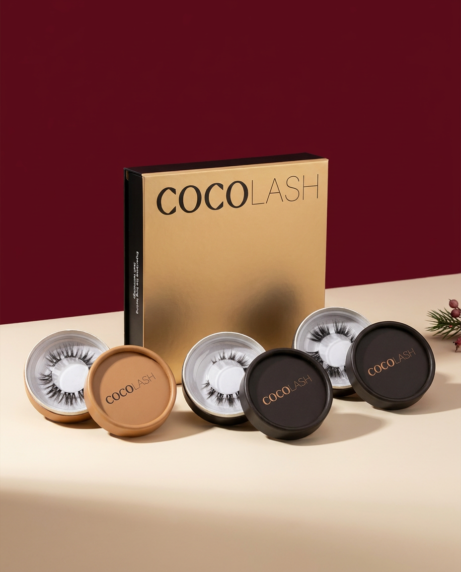 First Bloom Natural concept: closed gold CocoLash Kit with three single-lash packs against a cranberry background